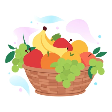 A basket overflowing with fresh, colorful fruits is placed at the center of the image. The basket is woven and has a natural texture. Various fruits are visible, including bright red apples, ripe yellow bananas, and vibrant oranges. Juicy green grapes cascade over the edges of the basket. In the background, there are soft gradient pastel colors blending smoothly, enhancing the freshness of the fruits.