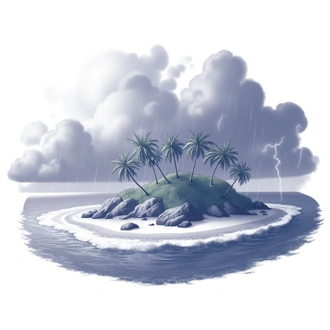 A tropical island enveloped by swirling clouds during a storm
