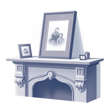 A weathered wooden mantle showcases a vintage black and white photograph. The photo features an old-fashioned scene, possibly a family portrait or a landscape, with soft, faded details that evoke nostalgia. The frame is ornate, with intricate carvings and a slightly distressed finish, suggesting it has been cherished over the years. Dust particles are subtly visible in the air, highlighting the age of the setting. The mantle itself is adorned with a few small decorative items and pictures, enhancing the homey atmosphere.