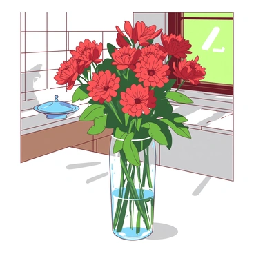 A clear glass vase filled with vibrant red bee balm flowers is placed prominently on a white kitchen table. The flowers are in full bloom, showcasing their unique, frilled petals and lush green leaves. Sunlight streams in from a nearby window, casting soft shadows across the table's surface. In the background, there are hints of kitchen items, such as a blue dish and a small white bowl, adding to the homey atmosphere.