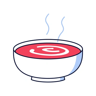 A steaming bowl of tomato soup placed on a simple white table. The soup has a vibrant red color, and on top, there is a delicate swirl of white cream that creates a contrast. The bowl is round with a smooth surface and a slight lip. Light steam rises gently from the surface, indicating the soup's warmth.