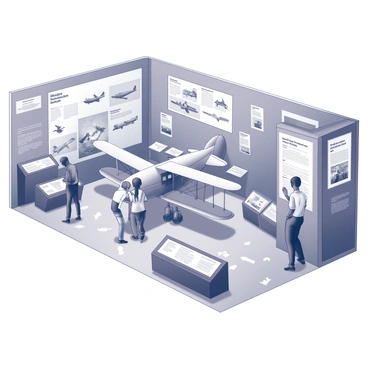 A spacious exhibit hall filled with various interactive displays related to aviation history and innovations. In the center, there is a large, detailed model of an early 20th-century biplane, with labels and information panels providing historical context. Surrounding it, several touchscreen kiosks allow visitors to explore timelines of aviation milestones. A wall features black and white photographs of significant aircraft, from vintage planes to modern jets. The floor is marked with footprints guiding guests through different sections, each highlighting a specific era or technological advancement in aviation. Visitors are seen engaging with the exhibits, touching screens and examining models closely.