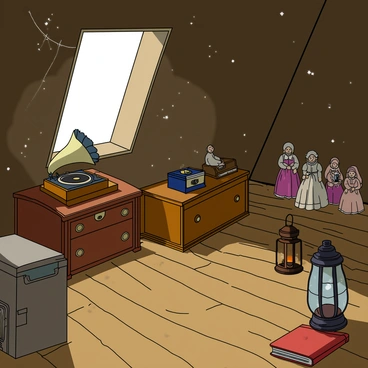 A dimly lit attic filled with various dusty antiques, including an ornate wooden chest, a vintage gramophone, and a collection of old porcelain dolls. There is a single window on one wall, through which soft light streams in, illuminating particles of dust floating in the air. The floor is wooden and slightly creaky, scattered with a few old books and a rusted lantern. Cobwebs hang in the corners, adding to the aged atmosphere of the attic.