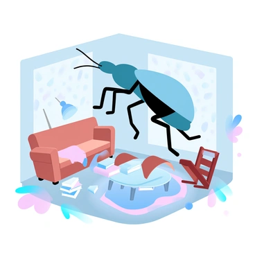 A large insect is towering over a room, its massive body casting a shadow across the floor. Various pieces of furniture are overturned, including a wooden chair lying on its side and a glass table partially tipped over. A colorful rug is askew, adding to the disarray of the scene. Several books are scattered across the floor, and a lamp is tilted precariously, as if caught in the chaos. The walls of the room are adorned with pastel-colored wallpaper, contrasting with the turmoil below.