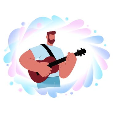 A musician is playing a guitar while surrounded by vibrant soundwaves. The soundwaves take the form of colorful patterns that swirl and dance around him. The musician is wearing a casual outfit, with a guitar strap over one shoulder. The patterns created by the soundwaves emit a gradient of pastel colors, creating a lively and dynamic atmosphere around him. The scene conveys a sense of movement and energy as the colors blend together in an intricate display.