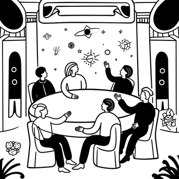 A group of tall, slender alien leaders with intricate patterns on their skin are gathered around a large, circular table in a grand hall. The hall features towering pillars and an ornate ceiling with geometric designs. There are holographic displays projecting various star systems and data above the table. The atmosphere is filled with an air of seriousness as the aliens gesticulate with their long, slender hands, pointing toward the displays while engaged in animated discussion. Various alien artifacts and symbols of their civilizations are positioned around the hall, enhancing the scene of importance and diplomacy.