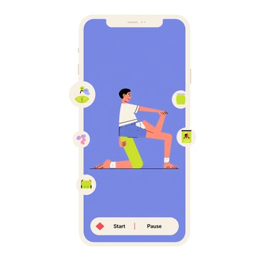 A mobile app interface displaying a rectangular screen with a vibrant blue background. The screen features a 3D model of a person performing the "bird-dog" exercise, balanced on hands and knees. The figure is depicted in a dynamic pose, extending one arm forward and the opposite leg backward. The app interface includes buttons for "Start," "Pause," and "Reset" at the bottom. Various instructional graphics and labels are positioned around the model to guide users on form and technique.