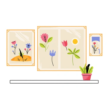 A wall adorned with a collection of vintage illustration posters. The posters feature various designs, each with a distinct theme, including flowers, landscapes, and whimsical characters. The colors of the posters are muted to evoke a sense of nostalgia, with soft pastels and earthy tones. The posters are framed in ornate wooden frames that enhance their vintage appeal. Some posters are slightly askew, adding to the character of the display. A small potted plant rests on a ledge below the posters, providing a touch of greenery to the scene.