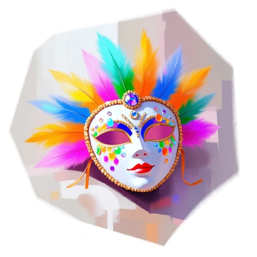 A vivid carnival mask featuring intricate designs and vibrant colors. The mask is decorated with an array of bright feathers in shades of blue, green, and yellow that fan outwards, creating a dramatic effect. Jeweled embellishments in the form of sparkling gems and sequins are strategically placed on the mask, catching the light and adding a touch of glamour. The mask has an angular shape, enhancing its striking appearance, and it is set against a softly blurred background that suggests a festive atmosphere.