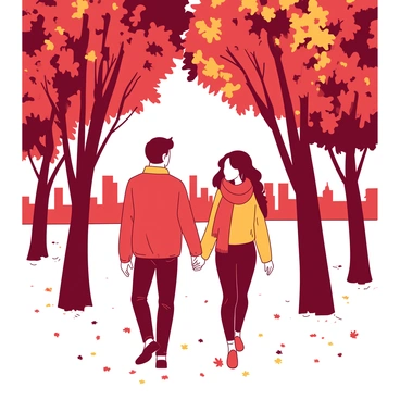 A couple is walking hand in hand under a canopy of vibrant leaves in shades of red and orange. The trees are full of colorful foliage, creating a natural archway above them. The ground is covered with a carpet of fallen leaves, crunching softly under their feet. The couple, a man and woman, are wearing cozy sweaters, and the woman has a scarf draped around her neck. In the background, you can see the blurred outlines of city buildings peeking through the trees, adding a sense of urban life to the serene park atmosphere.