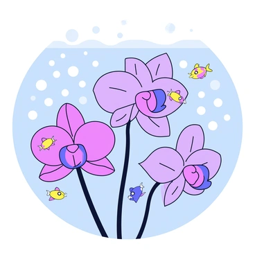 A cluster of vibrant orchids in various shades of purple and pink, with delicate petals unfurling gracefully underwater. Each orchid is surrounded by a collection of small, transparent bubbles rising towards the surface. A few small, colorful fish swim around the orchids, their scales shimmering as they dart between the flowers. Soft light filters down from above, illuminating the scene and creating gentle ripples in the water.