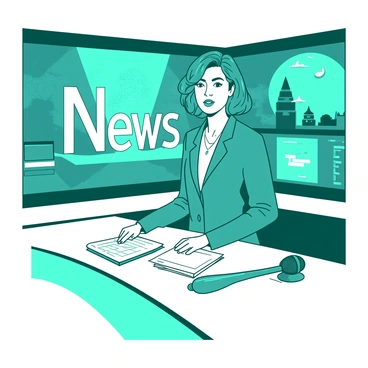 A teal news anchor is standing at a sleek, white news desk, delivering the evening news with a confident expression. Behind the anchor, large screens display vibrant graphics and images related to current events. The studio features bright, modern lighting, highlighting the anchor's professional attire. In the foreground, a polished microphone rests on the desk, and various news-related items are neatly arranged beside it.