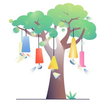 A collection of wind chimes is hanging from the branches of a sturdy tree. The chimes are made of various materials, including metal and bamboo, and they emit a soft, melodic sound as the breeze flows through them. Each chime is a different color, including bright blue, vibrant red, and sunny yellow, creating a rainbow effect as they catch the light. The tree's leaves are a lush green, gently rustling in the wind, and the sunlight filters through the branches, casting playful shadows on the ground below.