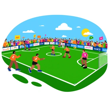 A local soccer field filled with vibrant energy as a charity match takes place. Players are wearing special jerseys that feature bright colors and unique designs, each with a number on the back. Some players are in action, showcasing dynamic poses as they dribble the ball or prepare to shoot. A diverse crowd of fans lines the sidelines, some waving colorful flags and others holding up large banners with encouraging messages. Excitement fills the air as spectators cheer enthusiastically, adding to the lively atmosphere of the event. In the background, a clear blue sky complements the scene, with the sun shining down on the field.