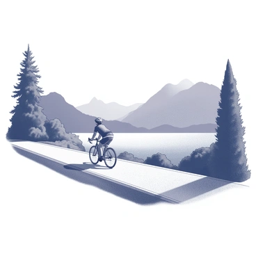 A person is riding a bicycle on a path that runs alongside Lake Annecy. The cyclist is wearing a helmet and athletic clothing, pedaling energetically. The path is bordered by lush greenery, with tall trees and shrubs providing a natural frame. In the background, the calm waters of Lake Annecy reflect the surrounding mountains, creating a serene atmosphere. The sky is clear, allowing sunlight to illuminate the scene.