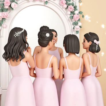 A group of four bridesmaids, each showcasing a unique hairstyle, are gathered in a beautifully decorated room filled with flowers and soft lighting. One bridesmaid has long, flowing curls adorned with small white flowers, while another sports an elegant updo with a sparkling hairpin. The third bridesmaid has a sleek, straight hairstyle with a delicate braid along one side, and the last is wearing a chic bob with a floral headband. Each bridesmaid is dressed in matching pastel dresses, and they are standing in front of a large mirror, smiling and chatting as they apply makeup and help each other get ready for the wedding.