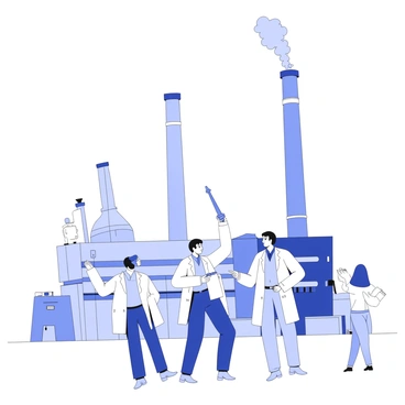 A group of scientists is gathered around a large factory smokestack. They are equipped with various instruments and devices designed to measure the emissions being released. One scientist is holding a gas sampling probe, carefully drawing air samples from the plume. Another scientist is taking notes on a clipboard, documenting the data collected. In the background, the factory structure is visible, with its numerous pipes and machinery. Above the smokestack, a plume of smoke rises into the air, dispersing into the atmosphere.