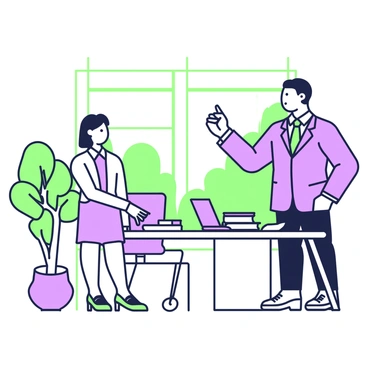 A stern boss is standing in a modern office setting, wagging a finger at an employee. The boss is dressed in a tailored suit, clearly displaying authority, with a serious expression on their face. The employee, in casual attire, appears taken aback, standing next to a desk cluttered with papers and a laptop. Behind them, there are large windows letting in natural light, and contemporary office furniture is visible, creating a professional atmosphere. A potted plant is positioned in the corner, adding a touch of greenery to the scene.