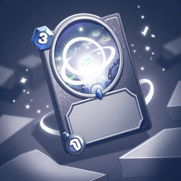 A hearthstone card is positioned prominently in the foreground, featuring intricate designs and magical symbols. From the center of the card, a swirling portal is depicted, with dynamic lines indicating movement and energy. The portal appears to be opening, revealing a mystical world inside with elements such as floating islands, ethereal creatures, and vibrant textures. Surrounding the card are scattered magical particles that enhance the sense of enchantment. The background is filled with dark, shadowy areas that contrast with the glowing aspects of the portal and the card, emphasizing the otherworldly nature of the scene.