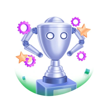 A robot-themed trophy featuring a shiny metallic base. The trophy is adorned with intricate mechanical arms extending outward, each arm holding various symbols of achievement, such as a star and a medal. Gears of different sizes are integrated into the design, adding depth and complexity to the trophy. The entire piece is designed with a sleek, modern look, showcasing a blend of silver and chrome finishes.