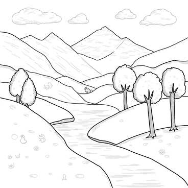 A detailed landscape created entirely from pencil drawings and sketches. There are rolling hills with soft, curved lines and shading that adds depth. In the foreground, a winding river flows with delicate pencil strokes reflecting the surrounding scenery. Trees are depicted with intricate lines, showcasing textured bark and leafy canopies. In the background, mountains rise, sketched with sharp peaks and shadowed crevices. The sky above is filled with swirling clouds, outlined with soft edges and shaded to represent depth. Various small pencil-drawn creatures, like birds and rabbits, dot the scene, adding life to this illustrated world.