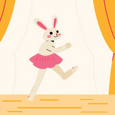 A graceful hare with long ears is performing ballet on a wooden stage. The hare wears a pink tutu, and its little feet are poised elegantly on the stage. Soft lighting casts a warm glow, highlighting the hare's movements. There are subtle shadows on the stage floor, adding depth to the scene. The background features curtains that are slightly drawn back, revealing a hint of an audience in a cartoon-style illustration.