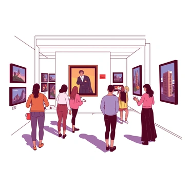An interior view of an art gallery filled with various paintings displayed on white walls. A well-known painting by a famous artist is prominently featured in the center, with a red "Sold Out" label affixed next to it. The gallery has polished wooden floors and soft lighting creating a warm atmosphere. Several art enthusiasts are standing in front of the paintings, admiring the displayed works. Some are taking notes, while others are discussing the art with one another.