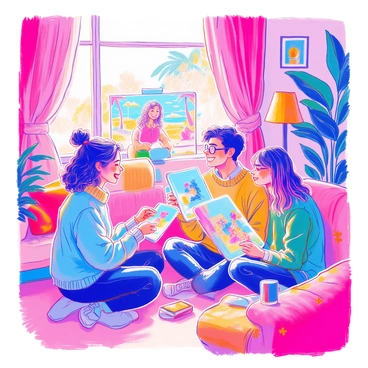 A group of three friends is gathered in a cozy living room. Each friend holds a holographic communication device that displays a vibrant, three-dimensional image of their other friends who are located in different places. The first friend, a young woman with curly hair wearing a blue sweater, is laughing as she interacts with her friend displayed in a hologram. The second friend, a man with glasses, sits cross-legged on the floor, leaning towards his device, which shows a picture of his friend in a park setting. The third friend, a girl with straight hair in a green shirt, stands near the window, looking at her holographic display that shows her friend at a beach. The atmosphere is lively with bright decorations and a warm light coming from a nearby lamp.