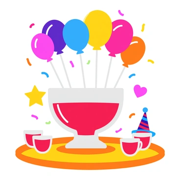 A collection of colorful balloons in various shapes and sizes floating above a large, clear punch bowl filled with a vibrant fruity beverage. The punch bowl is placed on a bright, patterned tablecloth adorned with confetti. The scene features small cups arranged around the punch bowl, each filled with the same colorful punch. In the background, there are party hats and decorations that enhance the festive atmosphere. The balloons are tied with shiny ribbons, and some are in the shape of stars and hearts, adding to the celebratory mood.