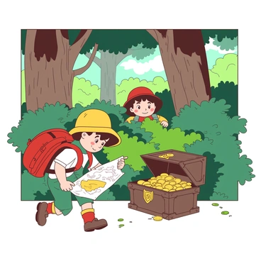 Two children dressed in colorful clothing are exploring a vintage forest, surrounded by tall, ancient trees with thick trunks and lush green foliage. One child, with a bright yellow hat, is holding a worn map, looking intently at it. The other child, wearing a red backpack, is peering through the bushes with wide eyes. Just behind the dense foliage, a wooden treasure chest with ornate carvings is partially visible, its lid slightly ajar, revealing a glimpse of gleaming gold coins inside. Sunlight filters through the leaves, casting dappled shadows on the ground.