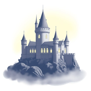 A large, majestic castle stands prominently on a rocky terrain. The structure features towering spires and intricate stonework, with large arched windows reflecting the soft light of dawn. The sky above is transitioning from darkness to a warm yellow glow, signaling the arrival of the morning. Surrounding the castle is a thick layer of mist that envelops the base, creating a sense of mystery and enchantment. In the foreground, the hints of rugged landscape can be seen, partially obscured by the swirling mist.