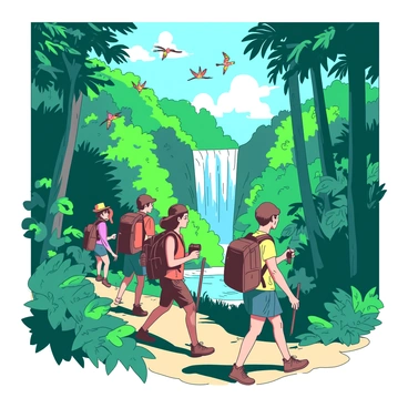 A group of explorers is making their way through a dense, vibrant jungle filled with lush green foliage and towering trees. Some explorers are equipped with backpacks and machetes, while one has a camera, capturing the wild beauty around them. Sunlight filters through the canopy, casting dappled shadows on the forest floor. In the background, a glimpse of a waterfall can be seen, splashing into a clear blue pool. Colorful birds are flying overhead, adding motion to the scene. The atmosphere is alive with the sounds of chattering monkeys and rustling leaves.