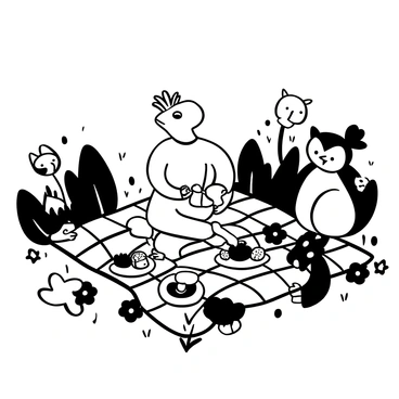 A "crested gecko" sitting on a checkered picnic blanket, surrounded by various "forest animals" including a playful squirrel, a curious rabbit, and a wise owl. The gecko is pouring tea from a small teapot into delicate cups. There are plates of assorted fruits and small pastries arranged around them. A few wildflowers are scattered on the blanket, and the forest background includes trees and foliage.