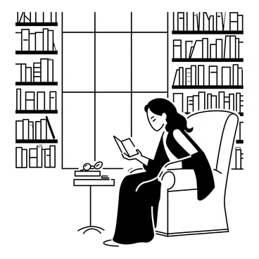 A woman sitting on a plush chair in a grand library, deeply engrossed in a book. She is wearing a long, elegant dress and has her hair neatly arranged. Tall shelves filled with books rise around her, with intricate woodwork visible on the shelves. Soft light filters through large windows, casting gentle shadows in the room. A nearby table holds a small stack of books and a pair of reading glasses. The atmosphere is calm and serene, emphasizing the quiet solitude of her reading experience.