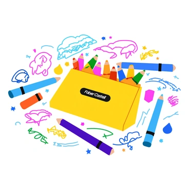 A vibrant collection of colorful sketches and ideas is spread out around a "Faber-Castell" illustration set. The illustration set includes various markers, pencils, and erasers, all neatly arranged. Each sketch features different designs, including animals, landscapes, and abstract shapes, overflowing with creativity. The background is a simple workspace surface, enhancing the focus on the art supplies and the detailed sketches surrounding them. Bright colors dominate the sketches, showcasing a playful and imaginative atmosphere.