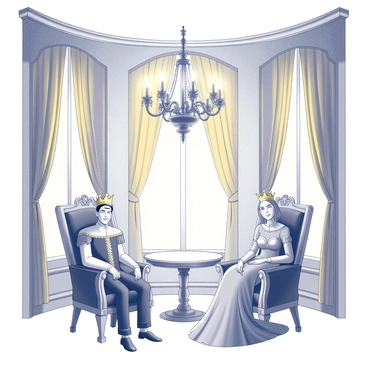 A throne room with high ceilings and intricate architectural details. The room is adorned with "golden curtains" that drape elegantly from tall windows, creating an opulent atmosphere. A "grand chandelier" hangs from the center of the ceiling, with multiple arms extending to hold light fixtures. At the forefront, a "king" and "queen" are seated on their "thrones," which are richly decorated and elevated on a dais. The king wears a regal outfit and a crown, while the queen is dressed in a flowing gown and also wears a crown. The overall composition emphasizes the grandeur and authority of the royal couple in their majestic setting.
