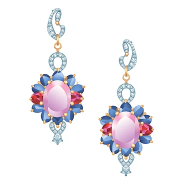 A pair of intricate earrings are displayed in a close-up view. The earrings are studded with various gemstones, including deep blue sapphires, vibrant red rubies, and sparkling clear diamonds. Fine, delicate metalwork forms an elegant design that intertwines around the gemstones, creating a shimmering effect. The earrings hang gracefully, showcasing their detailed craftsmanship and the play of light on the facets of the stones. The background is softly blurred, ensuring the focus remains on the stunning jewelry.