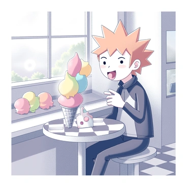 A character with spiky orange hair is sitting at a small table in an ice cream parlor. He is holding a giant ice cream cone with multiple scoops, each scoop towering above the cone. The character is wearing a distinctive outfit with a high collar, and his expression shows delight as he takes a big lick of the ice cream. Around him, there are several colorful ice cream flavors displayed in the parlor, and the interior has a cozy ambiance with checkered patterns on the floor. A window behind him reveals a sunny day outside.
