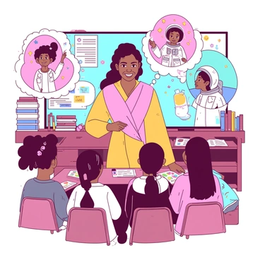 Malala is standing confidently at the front of a classroom, smiling warmly at a diverse group of young girls seated in front of her. Each girl has a distinct appearance reflecting various backgrounds, and they are all looking up at her with admiration. Above each girl's head, there are colorful dream bubbles depicting their aspirations; one bubble shows a girl dressed as an astronaut with stars around her, another shows a girl in a lab coat holding a beaker, while a third bubble illustrates a girl with a paintbrush and palette surrounded by vibrant colors. The classroom is filled with educational posters and books, creating an inspiring atmosphere.