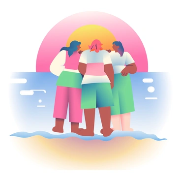 A group of three women with varying hairstyles and silhouettes are standing on a sandy beach while facing a vibrant sunset. The sun is low on the horizon, casting warm orange and pink hues across the sky. One woman has long wavy hair, another has a short bob, and the third has a ponytail. They are standing close together, their arms around each other, engaged in quiet conversation. The gentle waves are lapping at the shore, creating small ripples in the water. The silhouettes of the women contrast against the colorful backdrop of the sunset, creating a moment of unity and reflection.