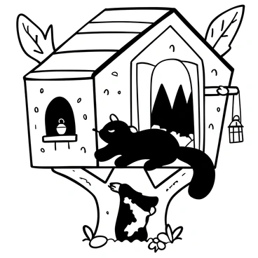 A skunk lying comfortably inside a treehouse, surrounded by wooden walls and a cozy interior. The treehouse has a small window that reveals a view of the dense forest outside, with tall trees and foliage. There are a few scattered acorns and leaves on the floor of the treehouse. A small blanket is draped over a nearby branch, and a few wooden shelves hold small items like a lantern and a book. The skunk appears relaxed, with its body stretched out, enjoying the tranquility of its elevated retreat.