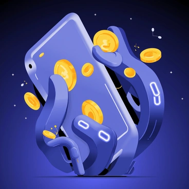 A futuristic robotic wallet with a sleek metallic design, featuring glowing blue accents. The wallet has mechanical arms extending from its sides, grasping several floating coins and glowing digital currency symbols. The background is a subtle gradient of dark blue, enhancing the high-tech appearance of the wallet and the currency. The overall composition emphasizes the interaction between the wallet and the digital currency, showcasing advancement and innovation.