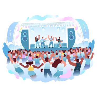 A large outdoor music festival is taking place, filled with attendees of different ages and backgrounds enjoying the live performances. Colorful tents and banners are scattered throughout the scene, each decorated with intricate designs. In the foreground, a group of people are dancing energetically, some with colorful accessories and clothing that reflect the festive atmosphere. On the main stage, several musicians are playing instruments, surrounded by large speakers and bright stage lights. A crowd of enthusiastic fans is gathered in front of the stage, swaying and cheering. Vibrant shades of blue, pink, and yellow fill the scene, creating a lively and dynamic ambiance.