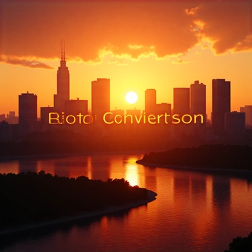 A vibrant sunrise casting warm golden and orange hues over a city skyline. The buildings are silhouetted against the colorful sky, showcasing a mix of tall skyscrapers and shorter structures. In the foreground, a river reflects the brilliant colors of the sunrise. The words "Roth Conversion" are prominently displayed in large, glowing letters across the horizon, illuminated as if lit by the rising sun. The overall composition captures the beauty of dawn breaking over the urban landscape.