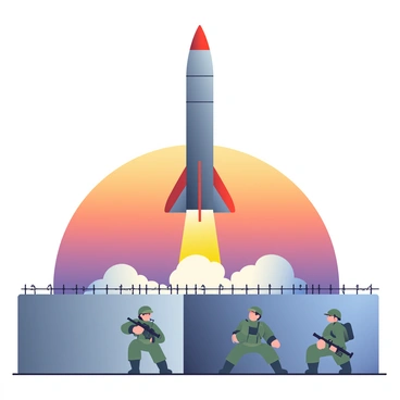 A large missile is launching into the sky from a fortified military base. The missile is sleek and metallic, with a deep gray color and red accents. Flames and thick smoke are erupting from its base as it ascends. The fortified base features tall concrete walls and barbed wire fencing surrounding it. There are several armed guards visible in the foreground, wearing tactical gear and watching the launch intently. In the background, the sky is a gradient of orange and purple as the sun sets, creating a dramatic backdrop to the scene.