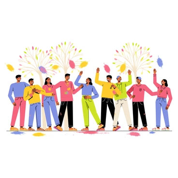 A vibrant scene of people celebrating the Holi festival. Groups of individuals are joyfully throwing colorful powders in the air. Some people are wearing traditional attire in various bright colors, while others have their faces adorned with splashes of pink, blue, and green powder. In the background, trees are decorated with colorful garlands, and there are splashes of color on the ground, creating a lively atmosphere. There are also smiles and laughter visible on the faces of the participants, capturing the spirit of celebration.