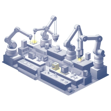 A large robotic factory filled with various machines at work. The scene includes multiple mechanical arms moving in coordination, assembling futuristic gadgets on a production line. Conveyors carry components through the factory, where different types of robots operate, some welding parts together while others perform quality checks. Overhead, robotic cranes maneuver to transport materials across the expansive space. The factory's design features sleek, angular architecture, emphasizing modern technology and efficiency.