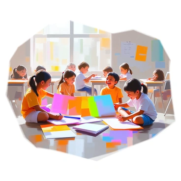 A classroom scene featuring several children of diverse backgrounds joyfully playing with oversized, colorful pieces of paper resembling invoices made of construction paper. The children are scattered around the room, some laughing while others are engaged in a game where they pretend to write on the vibrant papers. The classroom walls are adorned with educational posters, and sunlight streams through the windows, illuminating the lively atmosphere. Desks are arranged in a way that encourages collaboration, and a few children are sitting on the floor, surrounded by a rainbow of oversized paper.
