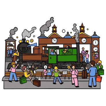 A bustling vintage train station filled with activity. The scene includes several steam engines, their chimneys billowing clouds of steam into the air. Passengers of various ages and backgrounds are seen boarding the trains, carrying suitcases and backpacks. Some are talking animatedly while others are checking their tickets. The station is adorned with classic architectural features, including wooden benches and ornate metalwork. Large vintage clocks can be seen on the walls, showing different times. The atmosphere conveys excitement and anticipation as travelers prepare for their journeys.