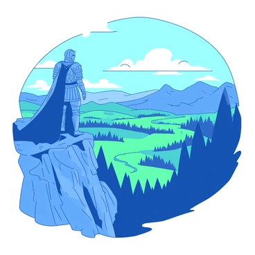A blue-cloaked hero in a detailed medieval outfit stands confidently at the edge of a steep cliff. The hero's armor glints in the sunlight, showcasing intricate designs. Below, a vast kingdom sprawls out, filled with green forests and distant mountains under a clear sky. The hero's cape billows slightly in the wind, and they gaze thoughtfully over the landscape. In the foreground, sharp rocks jut out from the cliff, adding to the dramatic scenery.